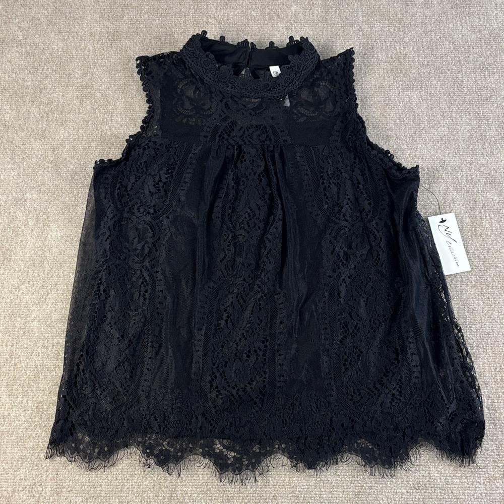NY Collection Women's Black Lace Sleeveless Pullover‎ Lined Blouse Size L NWT